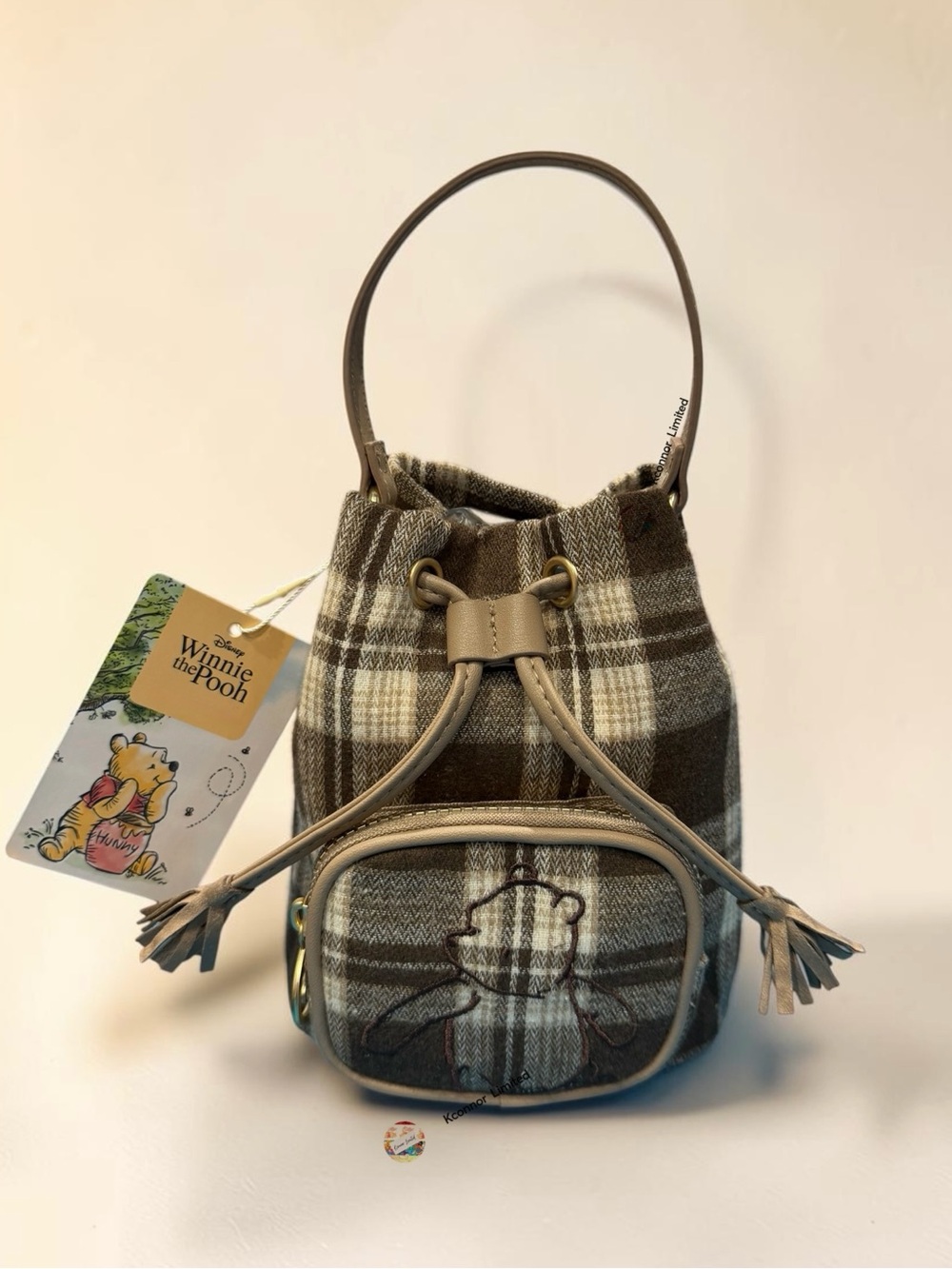 Disney Winnie the Pooh Brown Plaid Drawstring Bucket Mini Crossbody Bag